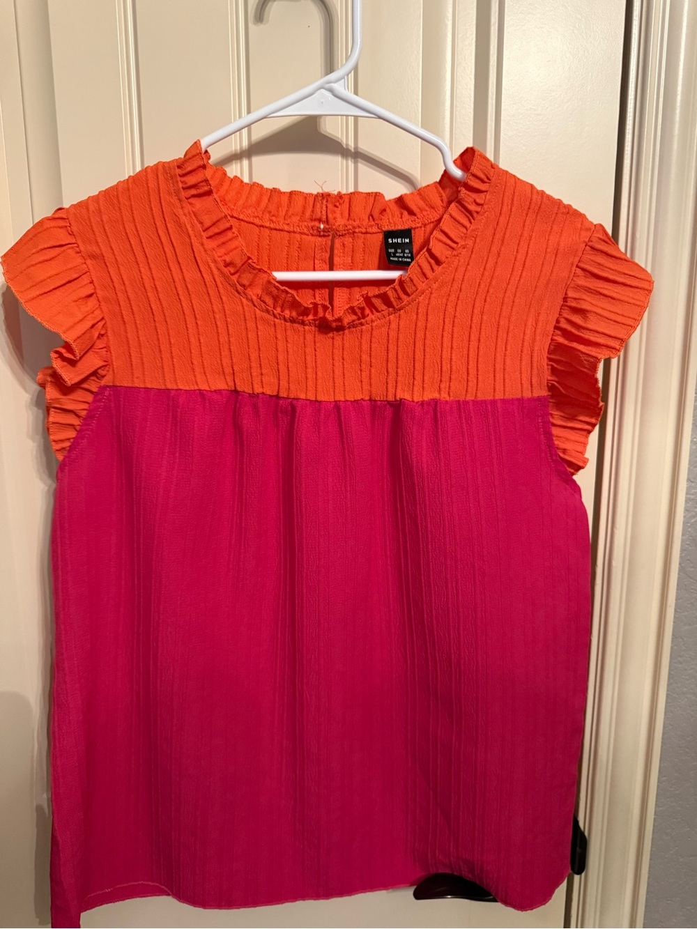 SHEIN Orange and Hot Pink Ruffle-Trim Colorblock Blouse